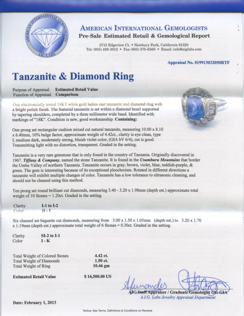Tanzanite & Diamond Ring Appraised Value: $16,500 - 2