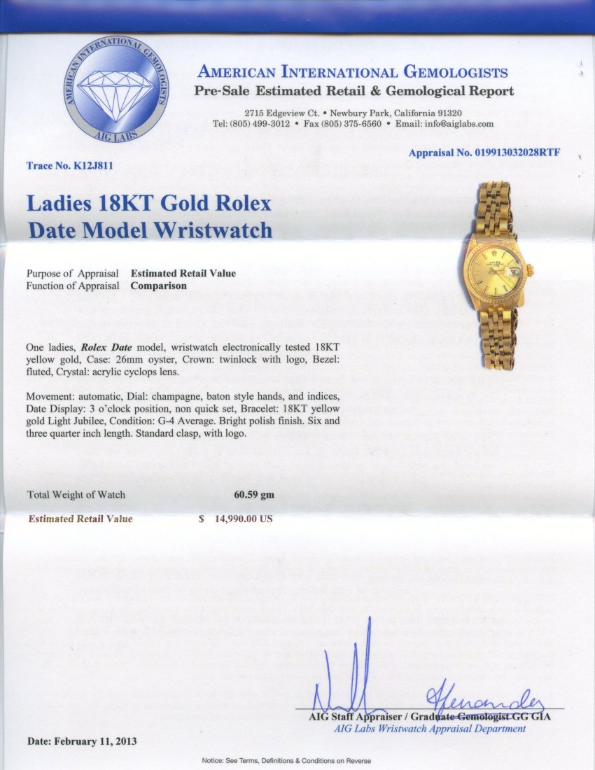 Rolex 18KT Gold Watch Appraised Value: $ 14,990 - 2