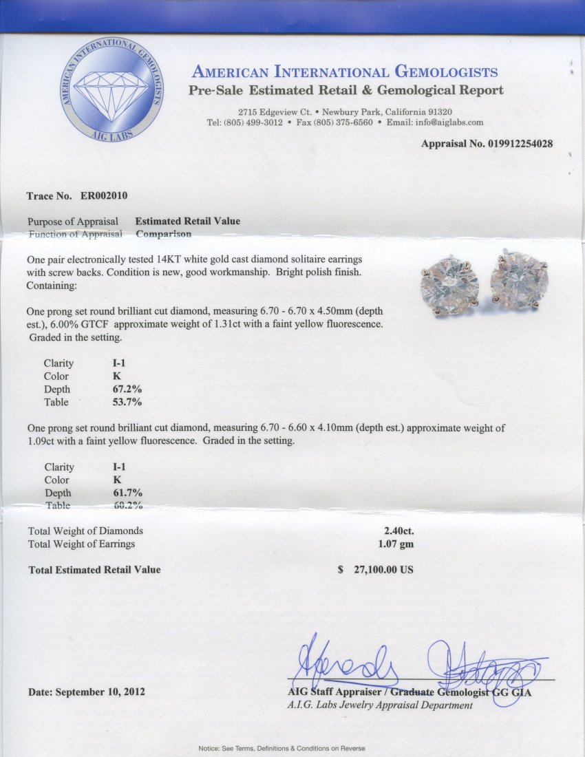 Diamond Earrings Appraised Value: $27,100 - 2