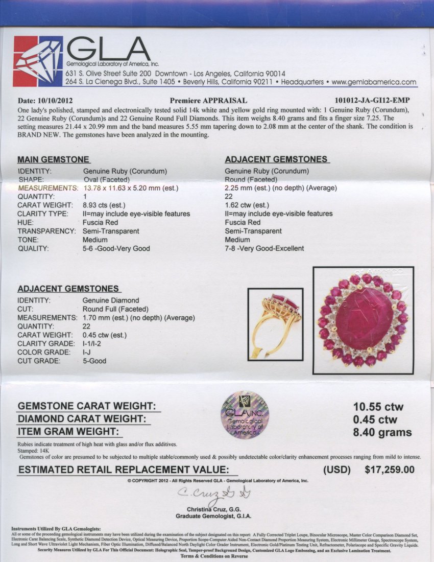 Ruby & Diamond Ring Appraised Value: $17,259 - 2