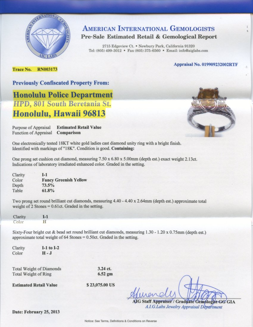 Diamond Ring Appraised Value: $23,075 - 2
