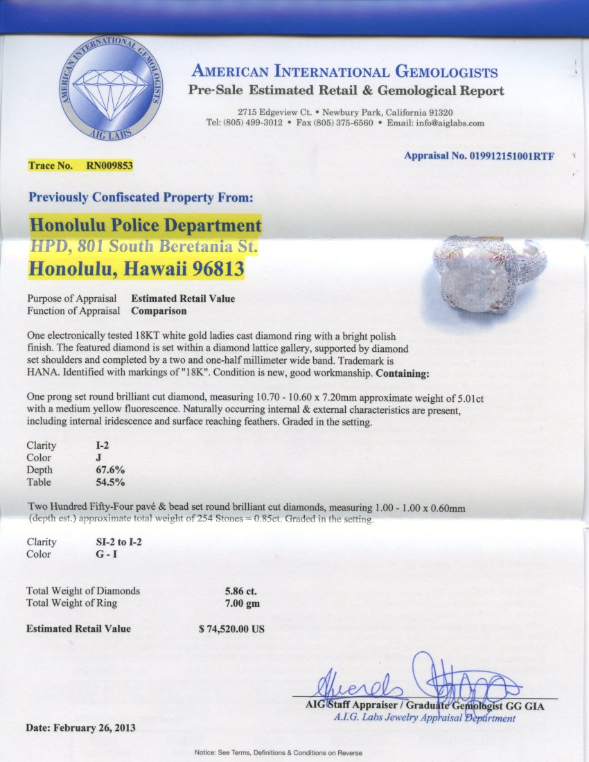 Diamond Ring Appraised Value: $74,520 - 2