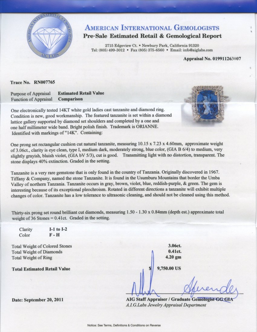 Tanzanite & Diamond Ring Appraised Value: $9,750 - 2