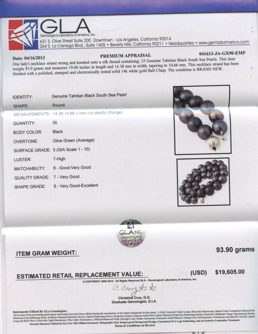 Tahitian Black South Sea Pearl Necklace AV: $19,605 - 2