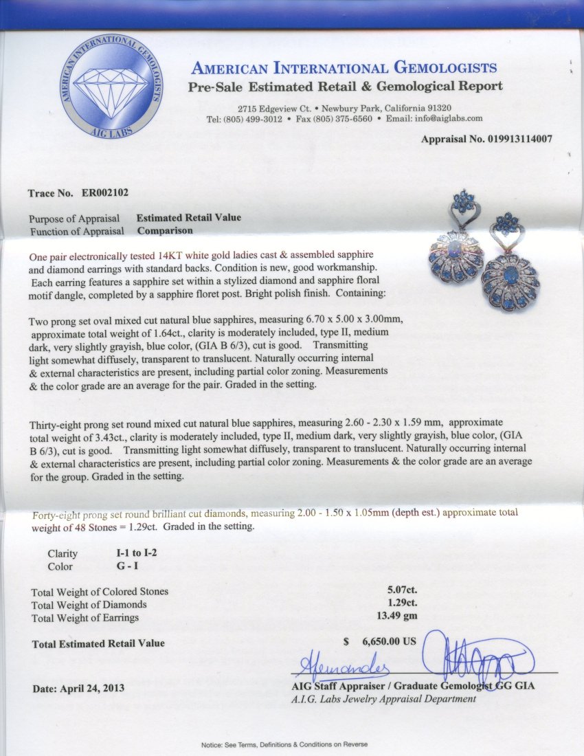 Sapphire & Diamond Earrings Appraised Value: $6,650 - 2