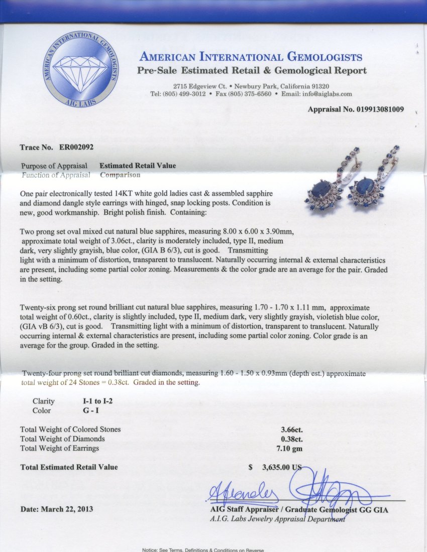 Sapphire & Diamond Earrings Appraised Value: $3,635 - 2