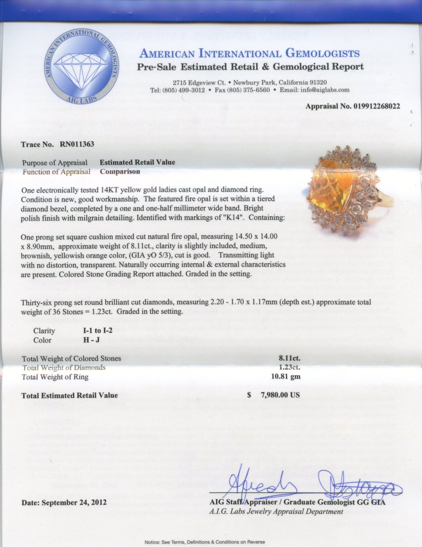 Opal & Diamond Ring Appraised Value: $7,980 - 2