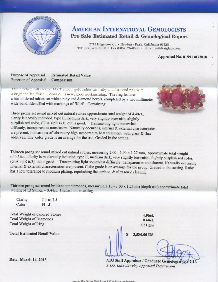 Ruby & Diamond Ring Appraised Value: $3,580 - 2