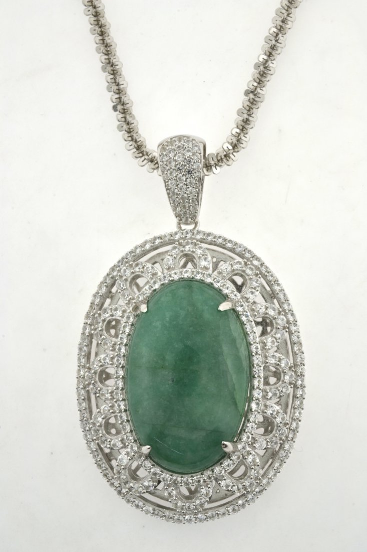 Emerald & Sapphire Necklace Appraised Value: $10,267: Platinum plated over silver necklace with 4.73 ct of colorless sapphires and 30.98 ct enhanced emerald/beryl (CENTER STONE) K69J2