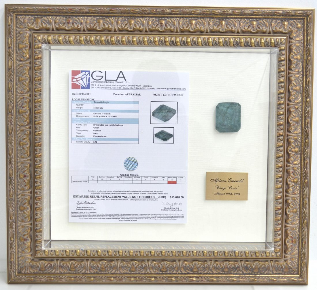 340.70 ct Emerald Loose Stone (FRAMED) AV: $13,628: 340.70 ct Emerald (Beryl) Loose Stone (FRAMED) K60J0