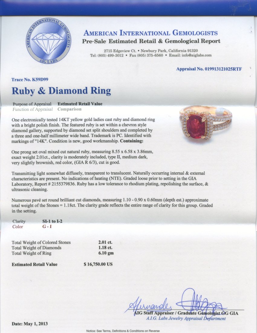 Ruby & Diamond Ring Appraised Value: $16,750 (GIA CERT. - 2