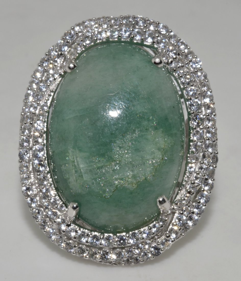 Green Beryl & Sapphire Ring AV: $2,050: 925 silver ring with 2.46 ct of white sapphires and 29.08 ct natural dyed green beryl (CENTER STONE) K35J3