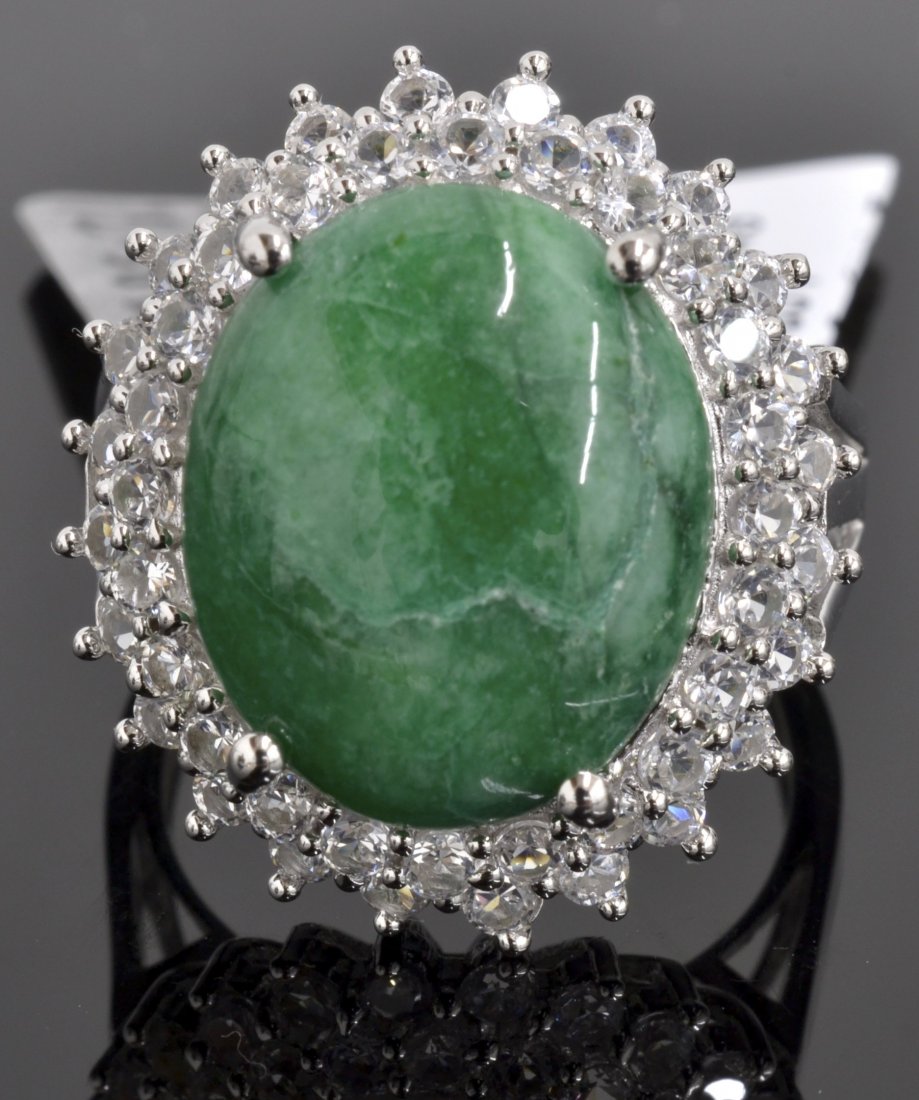 Beryl & White Sapphire Ring AV: $1,290: 925 silver ladies cast beryl and white sapphire ring with 2.03 ct natural white sapphires and 12.58 ct centered green beryl K18J1