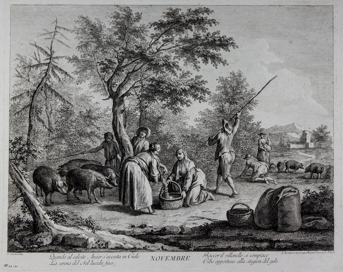 Bartolozzi, Lotto di 9 tavole da I mesi: Francesco Bartolozzi, Lotto di 9 tavole da I mesi Da Giuseppe Zocchi. 1761 ca. Acquaforte e bulino. mm 357x455/462. Fogli: 465x625. DeVesme/Calabi, 661 e sgg. Serie scompleta mancante dei mesi di