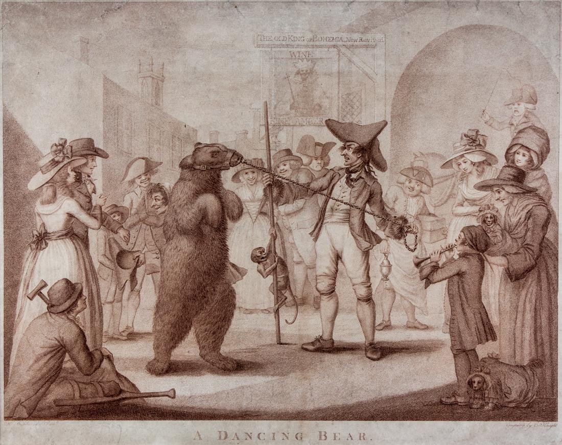 Knight, A Dancing Bear: Charles Knight, A Dancing Bear. 1785 Acquaforte e pointillé. mm 403x503. L'artista fu tra gli allievi inglesi di Francesco Bartolozzi. Incisione tratta da un disegno del caricaturista Henr