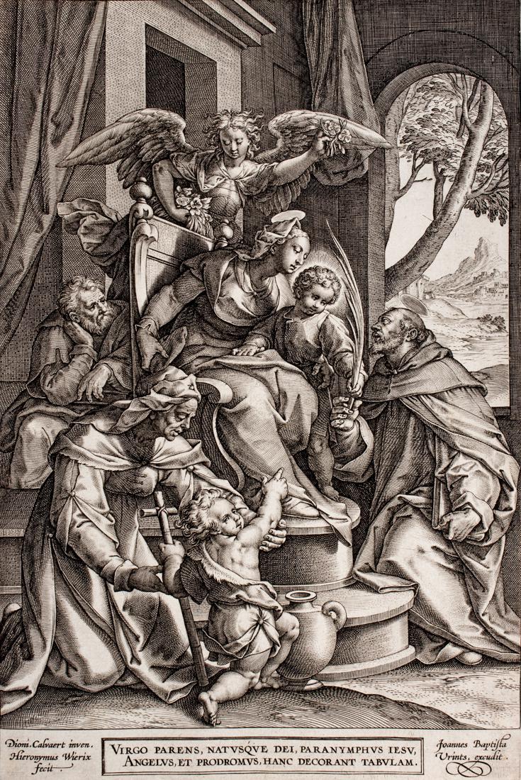 Wierix, Sacra Famiglia con Sant'Elisabetta…: Hieronymus Wierix, Sacra Famiglia con Sant'Elisabetta ed il piccolo Battista. Da Denys Calvaert. 1563-ante 1611. Bulino. mm 287x192. Hollstein (Dutch), 755. Firmata nel margine in basso a sinistr