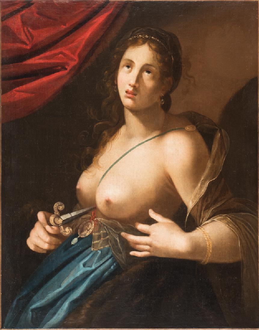 Anonimo del XVII secolo, Lucrezia romana: Anonimo del XVII secolo, Lucrezia romana. Olio su tela. cm 93x73. Dipinto tratto dall’incisione (Hollstein Dutch (Sadeler), 146; New Hollstein (Aachen), 47) che Aegidius Sadeler II (Anversa