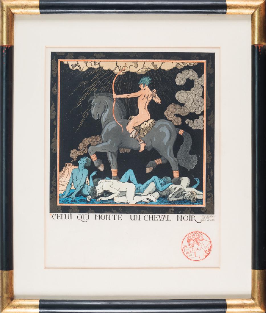 Barbier, Le cavalier blanc: George Barbier, Le cavalier blanc / Celui qui monte un cheval noir. 1916 Coppia di incisioni colorate a pochoir. mm 285x290 cad. Fogli: mm 400x301 (a vista). Titoli in basso al centro. In basso a