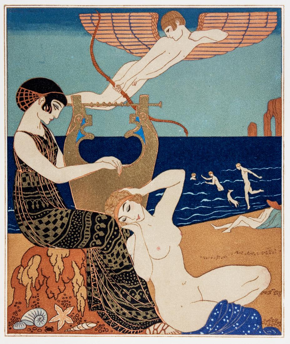 Barbier, 2 pochoir da Les chansons de Bilitis: George Barbier, Lotto composto di 2 pochoir da Les chansons de Bilitis di Louÿs Pierre. 1914-1922. Coppia di xilografie colorate a pochoir. mm 300x240 cad. Tratti da Pierre Loüys, Les chans