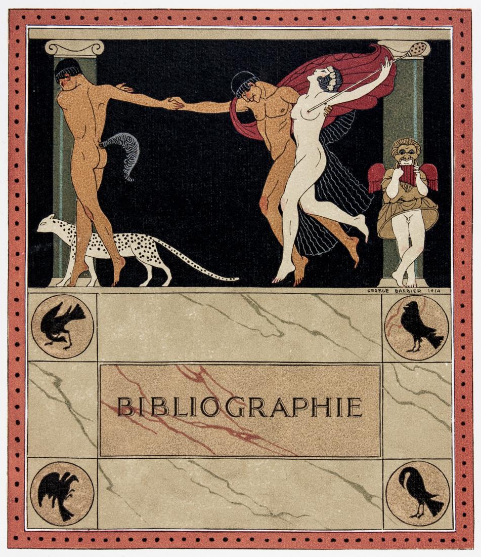 Barbier, 3 pochoir da Les chansons de Bilitis: George Barbier, Lotto composto di 3 pochoir da Les chansons de Bilitis di Louÿs Pierre. 1914-1922. 3 xilografie colorate a pochoir. mm 300x240 cad. Le tombeau de Bilitis. Vie de Bilitis. Bibliog