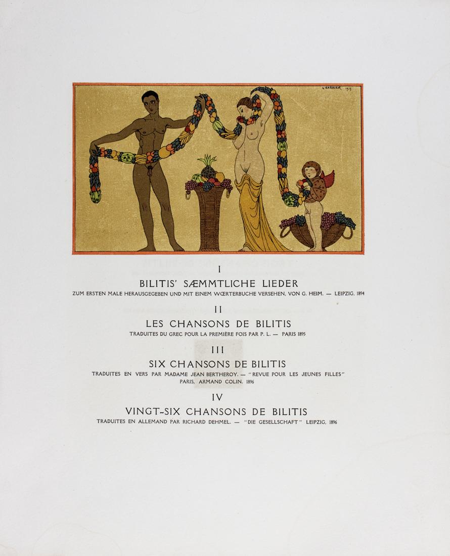 Barbier, 6 vignette da Les chansons de Bilitis: George Barbier, Lotto composto di 5 vignette da Les chansons de Bilitis di Louÿs Pierre. 1914-1922. Xilografie colorate a pochoir (stampate su bifoli). mm 300x240 cad. Tratti da Pierre Loüy
