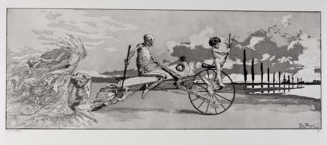 Klinger, Amor Tod und Jenseit: Max Klinger, Amor Tod und Jenseit (Amore Morte e Aldilà). 1881 Acquaforte e acquatinta. mm 203x421. Foglio: mm 450x595. Singer 63, III/3. Firmata e datata nella lastra in basso a destra &q