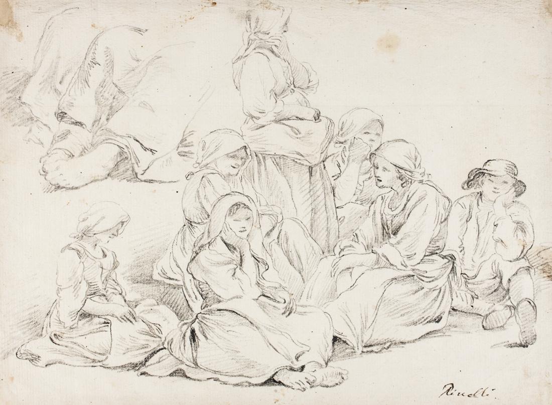 Pinelli, Paesani seduti: Bartolomeo Pinelli [attribuito a], Paesani seduti. Matita di grafite su carta vergata riquadrata in nero. mm 175x240. In basso a destra, a penna, "Pinelli". Ex collezione editore C