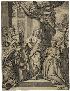 Carracci, Sposalizio mistico di santa Caterina: Agostino Carracci, Sposalizio mistico di santa Caterina. 1585. Acquaforte. mm 293x226. TIB 39/18, 97. De Grazia (1979), 133. De Grazia (1984), 133. Firmato e datato sulla lastra in basso a d