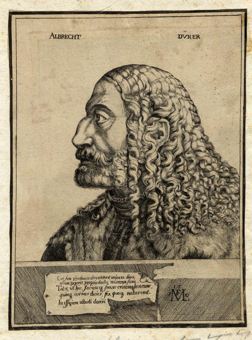 Prestel, Albrecht Durer: Johann Gottlieb Prestel, Albrecht Durer. 1780 ca. Acquaforte. mm 188x138. Nagler, 106. Incisione tratta in controparte dal ritratto di Dürer che Melchior Lorck eseguì a bulino nel 155