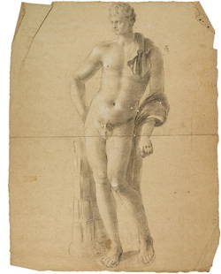 Anonimo XVIII sec., Studio da scultura classica: Anonimo del XVIII secolo, Studio da scultura classica (Hermes). Matita nera su carta vergellata color nocciola con filigrana "grappolo d'uva" ed iscrizione. mm 535x420. SI AGGIUNGO