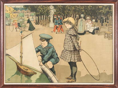 Abel-Truchet, Enfants au jardin du Luxembourg: Louis Abel-Truchet, Enfants au jardin du Luxembourg. 1900 ca. Litografia a colori. mm 630x870. Firmata nella pietra "AbelTruchel" in basso a destra.