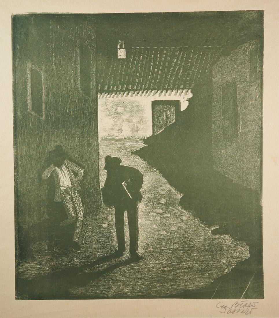 Biasi, Serenata notturna: Giuseppe Biasi, Serenata notturna. 1934. Linoleografia in inchiostro verde oliva su carta velina. mm 346x301. Foglio: mm 445x390. Firmato a matita in basso a destra. Dalla serie Vecchia Sard