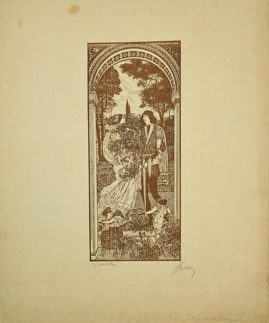 Guerrini, L'offerta: Giovanni Guerrini, L'offerta. 1911. Litografia. mm 265x113. Foglio: mm 435x335. Titolata e firmata a matita. Composizione di delicato gusto tardo-preraffaellita, minuto e fiorito, tipico de