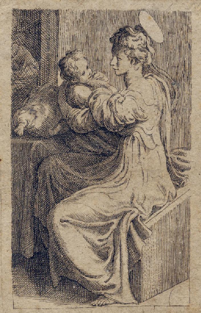 Il Parmigianino [da], Madonna col Bambino.: Francesco Mazzola (detto il Parmigianino) [da], Madonna col Bambino. Bulino. mm 98x62. Foglio: mm 109x74. Mussini/De rubeis, 26. Copia in controparte da un'acquaforte un tempo variamente ri