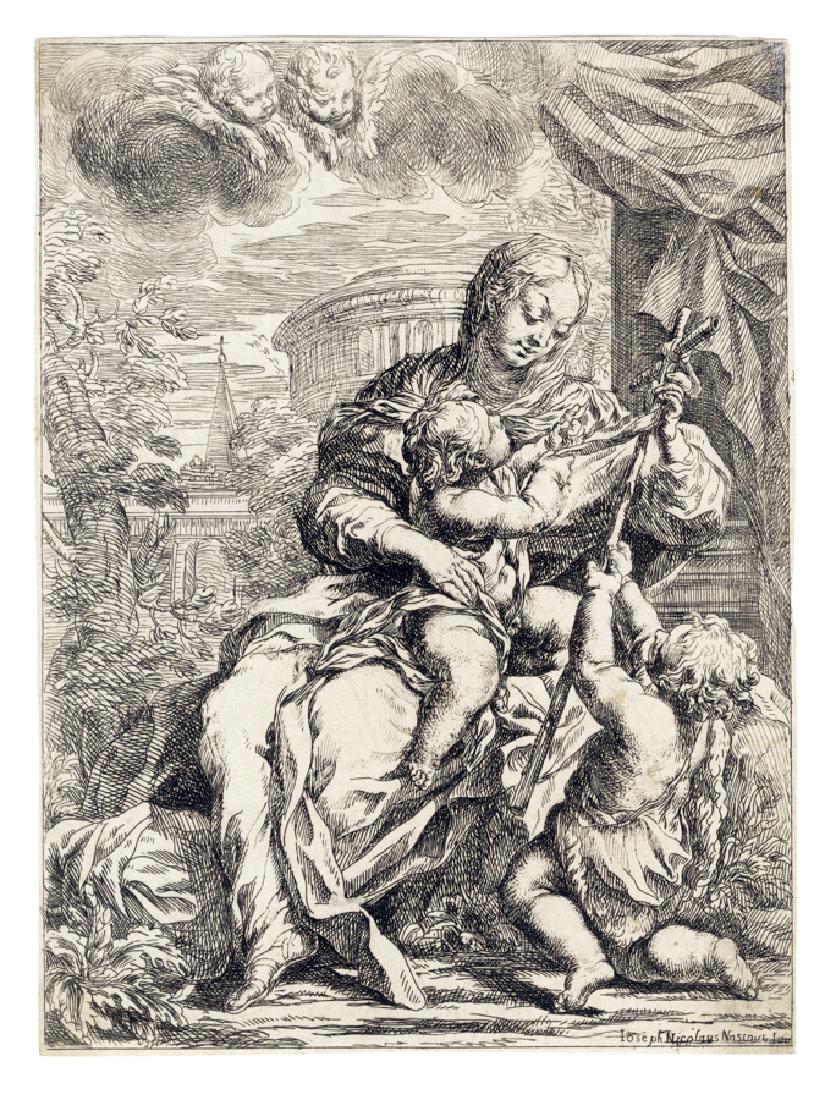 Nasini, La Vergine col Bambino…: Giuseppe Nicola Nasini , La Vergine col Bambino e San Giovannino che regge la croce. Acquaforte. mm 170x127. Bartsch, 1. TIB (Commentary), 001. Firmata sulla lastra in basso a destra "I
