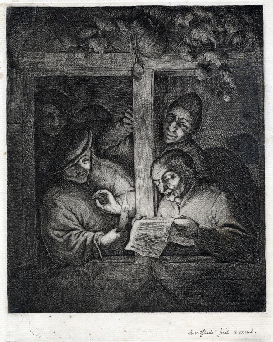 Ostade, I cantori.: Adriaen (van) Ostade , I cantori. 1667 ca. Acquaforte. mm 238x188. Foglio: mm 252x202. Godefroy, 19. Firmata nel margine bianco in basso a destra. Ottima impressione nel VII stato su 7 su carta v