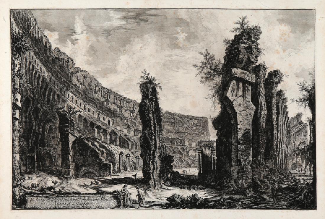 Piranesi, Anfiteatro Flavio, detto il Colosseo.: Giovanni Battista Piranesi , Veduta dell'interno dell'Anfiteatro Flavio, detto il Colosseo. 1766 Acquaforte. mm 450x695. Foglio: mm 530x765. Hind, 78. Firmata nel margine inferiore a destra. Bell