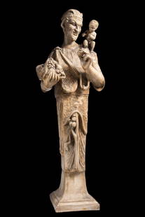 Manifattura di Signa, Satiro con cornucopia.: Manifattura di Signa, Satiro con cornucopia. Terracotta. Altezza: cm 87. Base: cm 20. Timbro della manifattura di Signa sul retro.