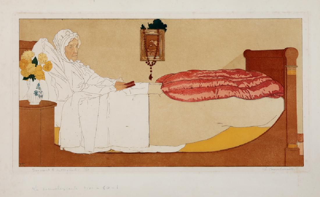 Boutet de Monvel, La convalescente.: Bernard Boutet de Monvel , La convalescente. 1906 ca. Acquaforte e acquatinta a colori. mm 250x460. Foglio: mm 360x590. Firmata e titolata a matita in basso ai lati. Sotto: "La convales