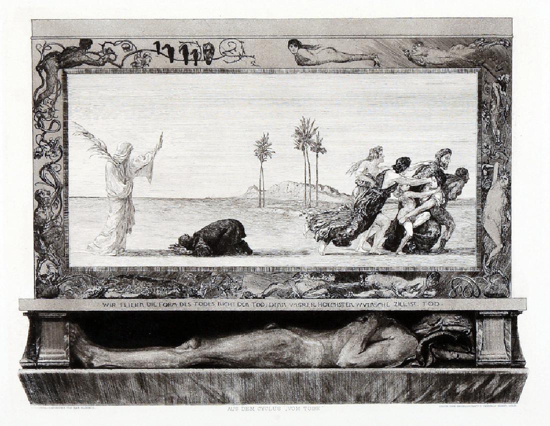 Klinger, Der Tod als Heiland.: Max Klinger , Der Tod als Heiland. 1882-1885. Acquaforte. mm 235x310. Foglio: mm 280x380. Tav. 10 dal ciclo Vom Tode, Erster Teil (Opus XI). Iscrizioni tipografiche in basso. Esemplare pubblicato
