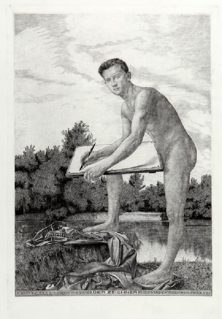 Klinger [cerchia di], Der Zeichner.: Max Klinger [cerchia di], Der Zeichner. 1900 ca. Acquaforte. mm 640x440. Foglio: mm 770x540. Titolata nell'inciso in basso al centro. Impressione postuma da matrice rinvenuta di autore igno