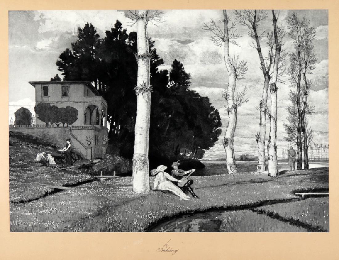 Klinger, Früling.: Max Klinger , Früling (Primavera o Le tre età dell'uomo). Acquaforte e acquatinta. mm 480x680 (parte incisa). Singer, 328. L'incisione è tratta da un dipinto di Arnold Böcklin del 1