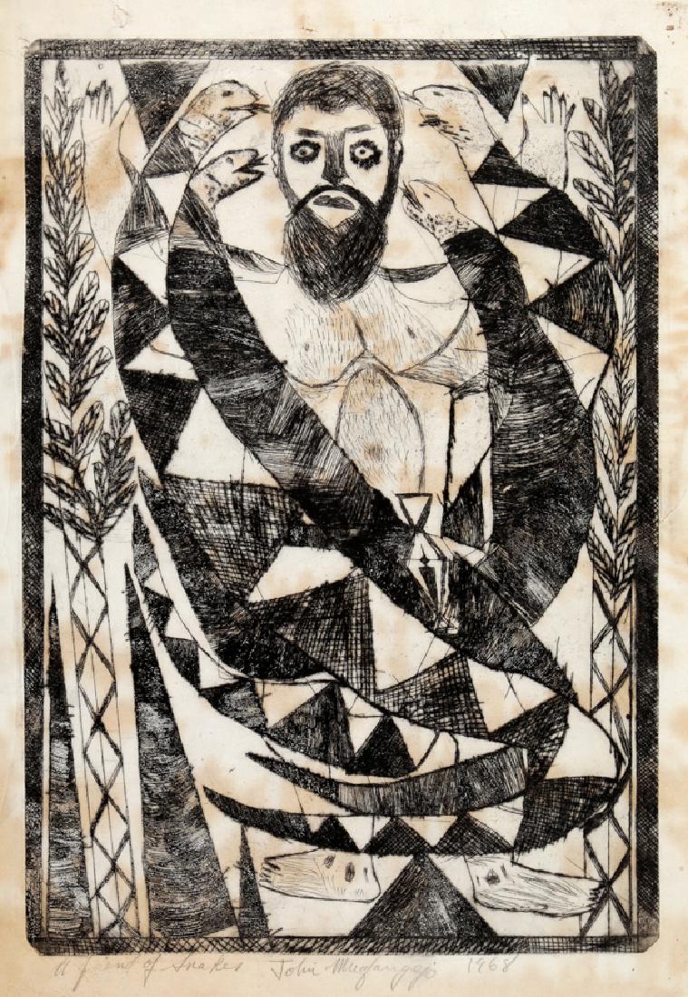 Muafangejo, A friend of snakes.: John Muafangejo , A friend of snakes. 1968 Acquaforte. mm 435x305. Foglio: mm 490x355. Firmato, titolato e datato a matita nel margine inferiore: "A friend of snakes John Muafangejo 1968&quo