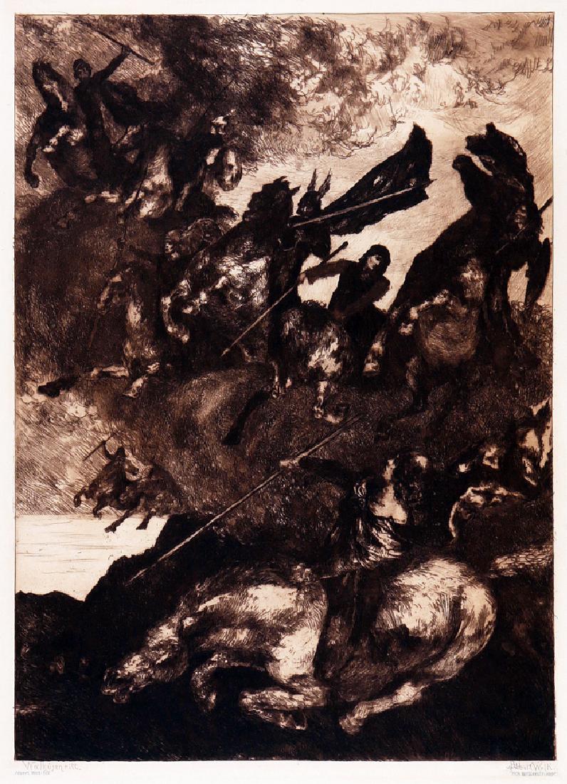 Welti, Walkürenritt (Cavalcata delle valchirie).: Albert Welti , Walkürenritt (Cavalcata delle valchirie). 1890. Acquaforte su zinco. mm 395x290. Foglio: mm 530x440. Wartmann, 11 VIc/VII. Incubi nordici, p. 119. Inciso in basso ai lati: "W