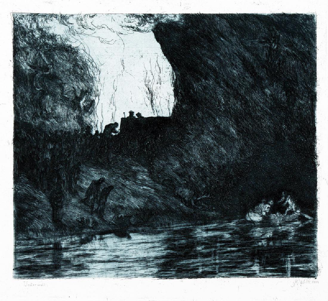 Welti, Unterwelt.: Albert Welti , Unterwelt. 1888. Acquaforte su zinco. mm 210x260. Foglio: mm 320x455. Wartmann, 6, Ve/VI. Inciso in basso ai lati: "Unterwelt - Albert Welti 1888".