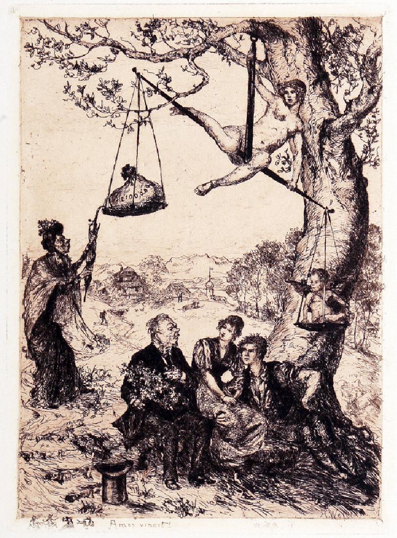 Welti, Liebenswage.: Albert Welti , Liebenswage. 1892. Acquaforte su acciaio. mm 182x134. Foglio: mm 360x270. Wartmann, 14, IVa/V. Inciso in basso a sinistra: "Amor vincit" e piccolo remarque.