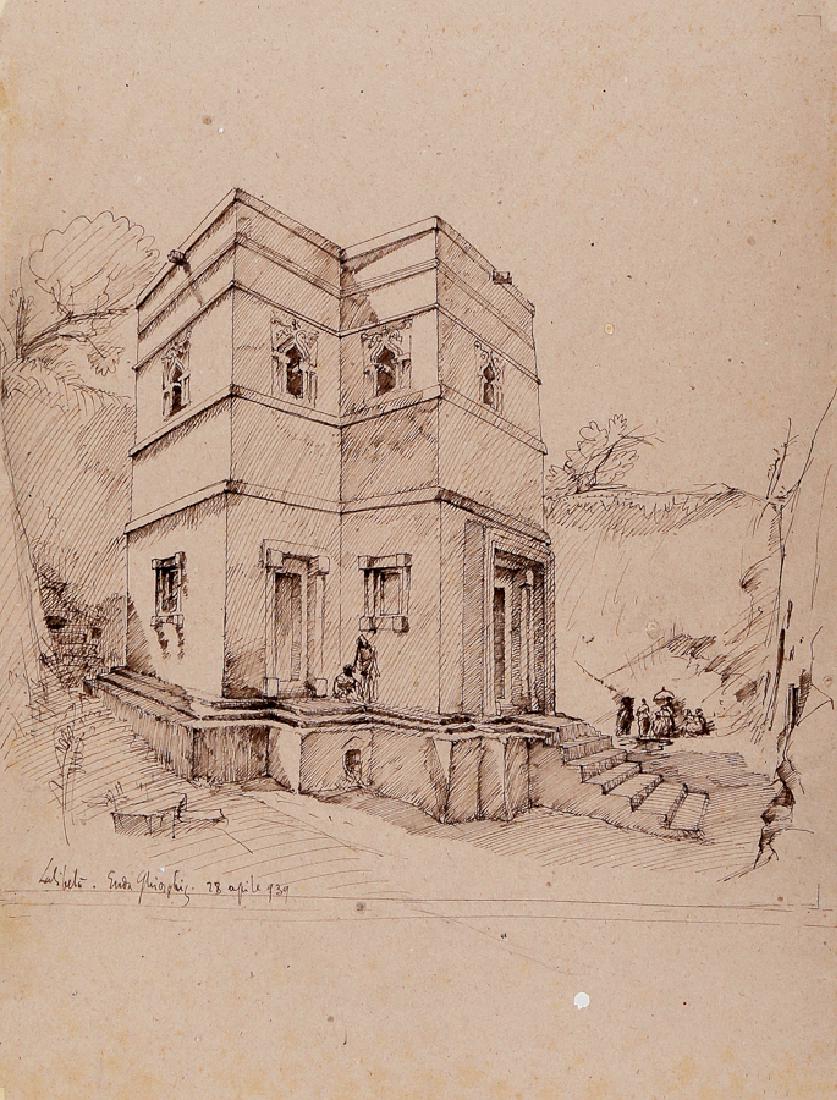Bianchi Barriviera, 1 disegno e 3 acqueforti.: Lino Bianchi Barriviera , Lotto composto di 1 disegno preparatorio e 3 acqueforti. 1939. 1) Lalibelà. Enda Ghiorghis. 1939. Penna e inchiostro di china su carta. mm 504x384. In basso a sin