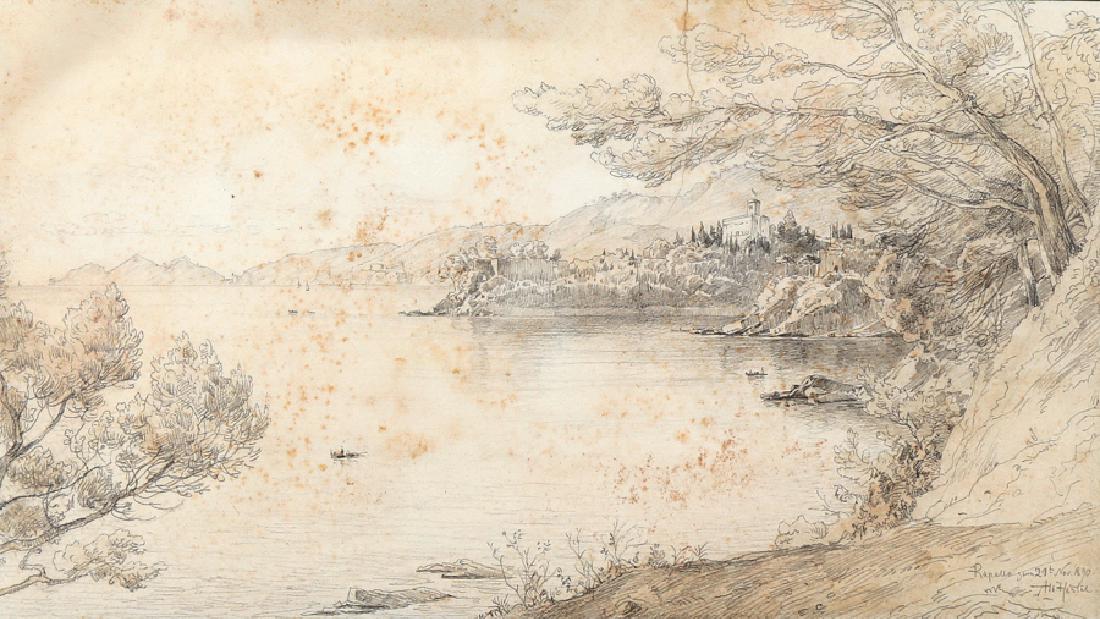 Hertel, Rapallo.: Albert Hertel , Rapallo. 1890. Matita di grafite su carta. mm 238x425. Firmato, datato e intitolato a matita in basso a destra: "Rapallo [...] 21th Nov. 1890 /Alb Hertel".