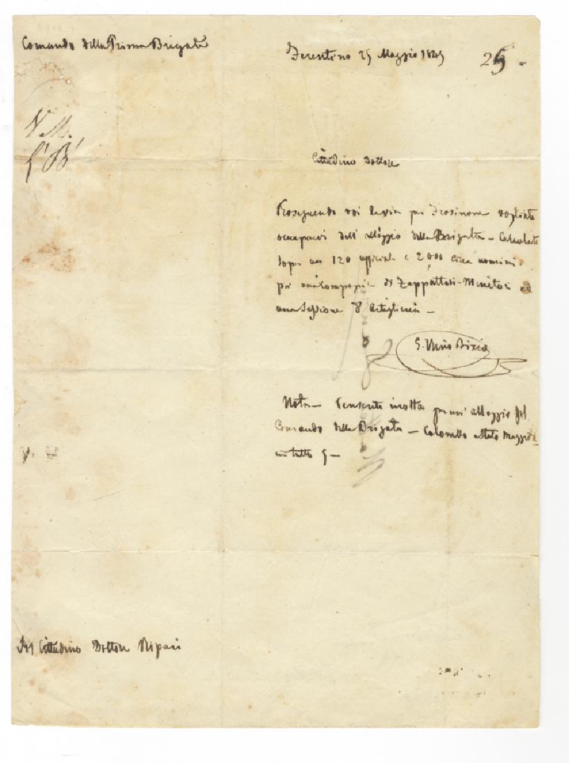 Bixio, Dispaccio autografo firmato: Bixio Nino, Dispaccio autografo firmato con intestazione 'Comando della Prima Brigata'. Datato 25 maggio 1849, Ferentino. Manoscritto a inchiostro nero. 1 carta scritta al recto. Dimensioni 260x1