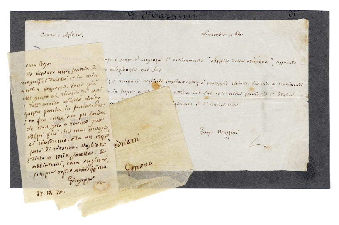 Mazzini, 2 lettere autografe firmate: Mazzini Giuseppe, 2 lettere autografe firmate. Datate 1854-1870 Manoscritti a inchiostro marrone scuro. 1 lettera, con intestazione autografa “Centro d’Azione”, parzialmente app